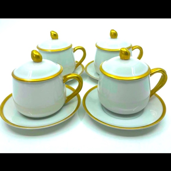 FITZ FLOYD 4 White Gold Espresso Demitasse Custard Desert Cups Lids Saucers RARE - Picture 3 of 8